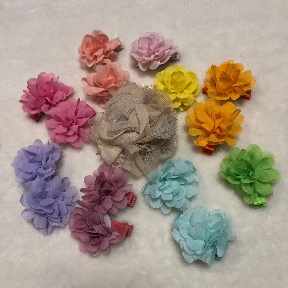 Lot Bundle Girls Pastel Chiffon Flower Hair Clip Barrette - 16 Total